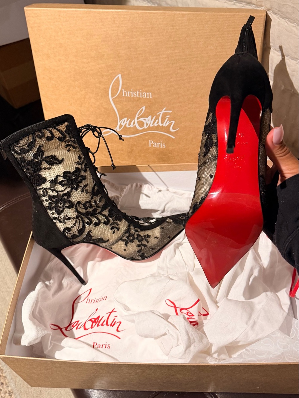 Christian Louboutin Black Lace Pointed Lace-Up Ankle Boots with Red Sole - Picture 5 of 10